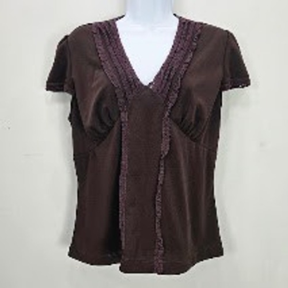 Vintage Y2K Babydoll Top L Brown Cap Sleeve Lace‎ Trim Whimsigoth Grunge 90s